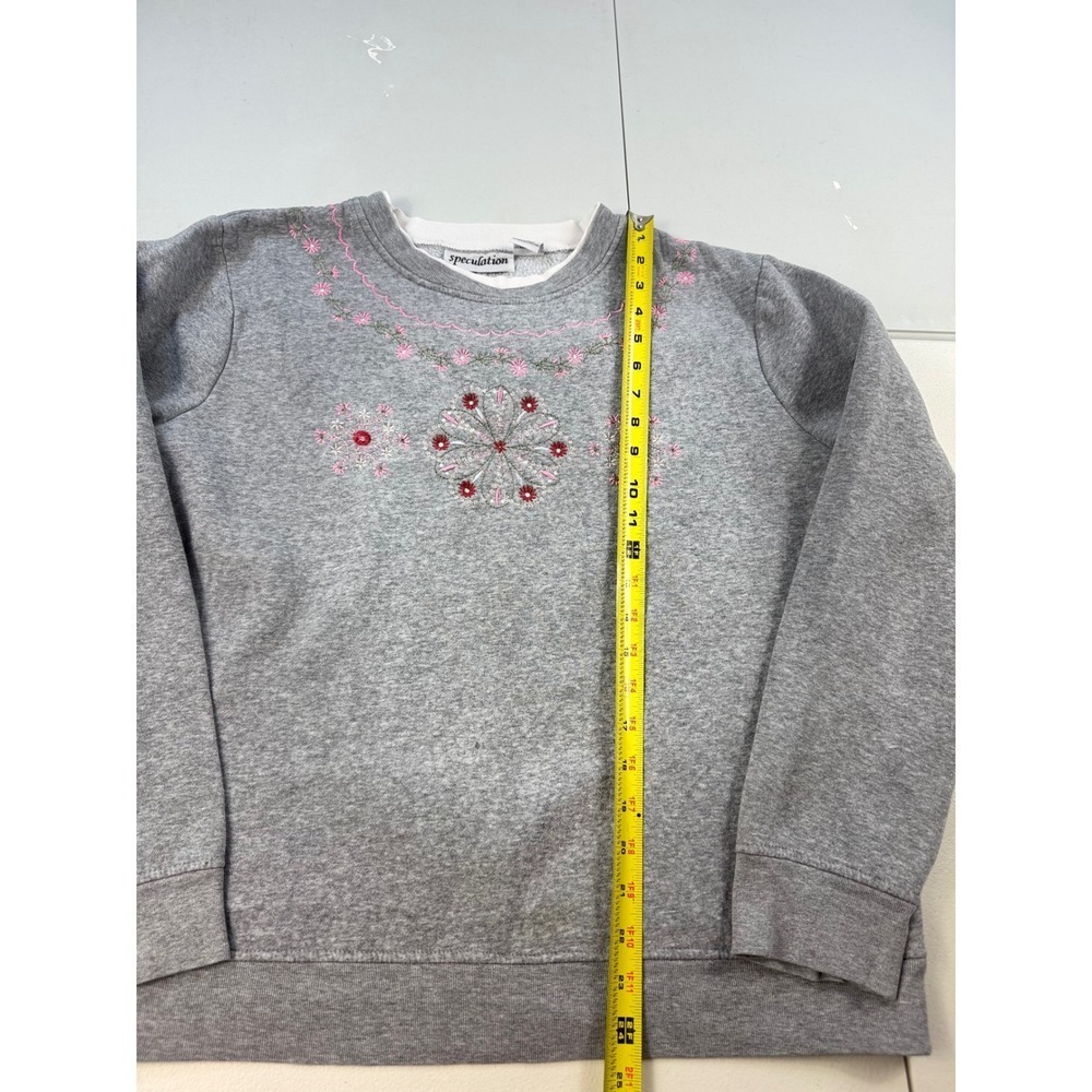 Speculation Womens Sweatshirt M Gray Pink Floral Embroidered Crewneck Pullover - Picture 2 of 7